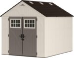 Pillowle Suncast BMS8100 8x10 Tremont outdoor storage shed with double doors and shingle-style roof in a backyard setting