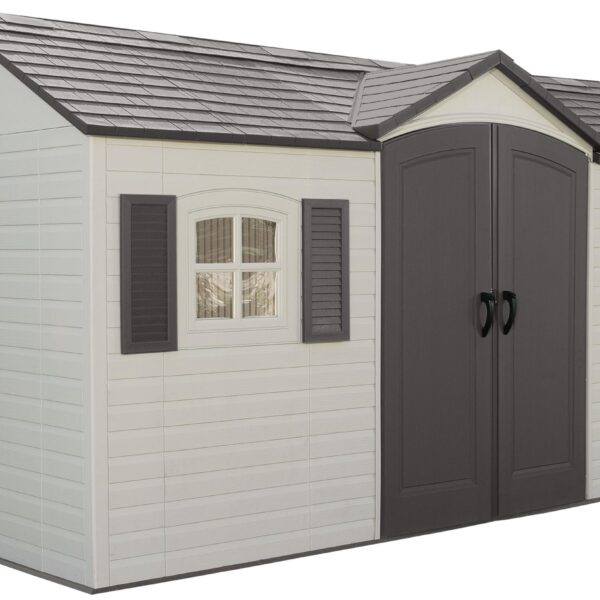 Pillowle Lifetime 6446 outdoor storage shed in desert sand, 8 x 15 feet, with double doors and sloped roof.