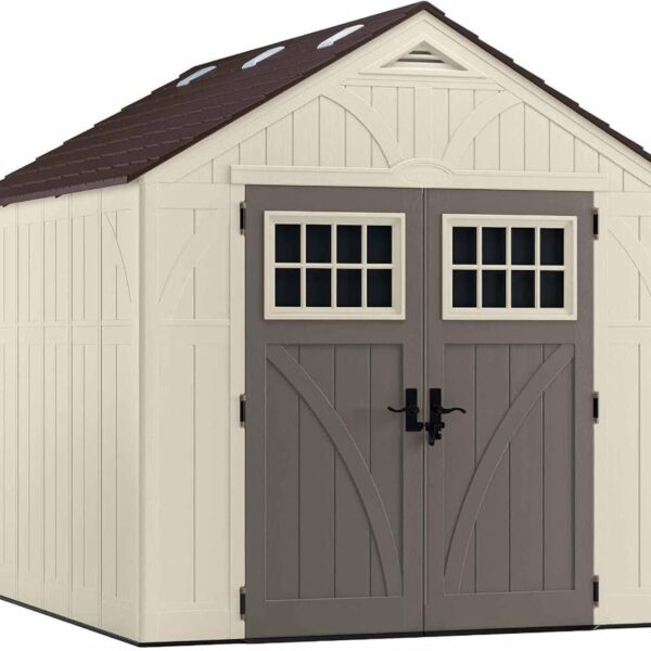 Pillowle Suncast Tremont outdoor storage shed, 8x10 feet, with double doors and shingle-style roof, ideal for garden storage.