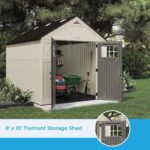 Outdoor Pillowle Suncast BMS8100 8x10 Tremont Storage Shed with double doors and shingled roof in a backyard setting