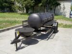 Pillowle 330-gallon pull-behind BBQ smoker with round charcoal grill and 3500lb axle, outdoor cooking and grilling equipment.