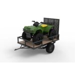 Pillowle 5x8 utility trailer with wood floor, Carry-On model 5X8GW2K, showing metal frame and wooden bed in outdoor setting.