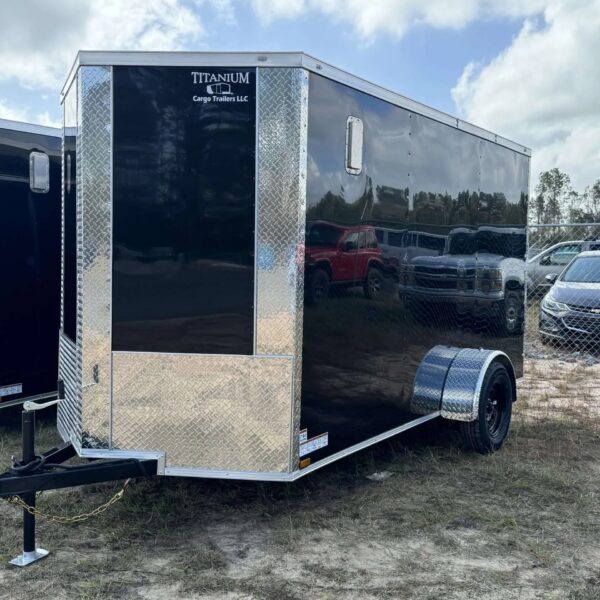 Black Titanium Cargo 6x12 single axle enclosed trailer by Pillowle, showing the sleek exterior and sturdy construction.