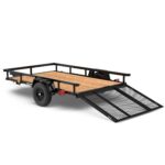 Pillowle 5x8 utility trailer with wood floor, carry-on size, black metal frame, and side rails for versatile transport.